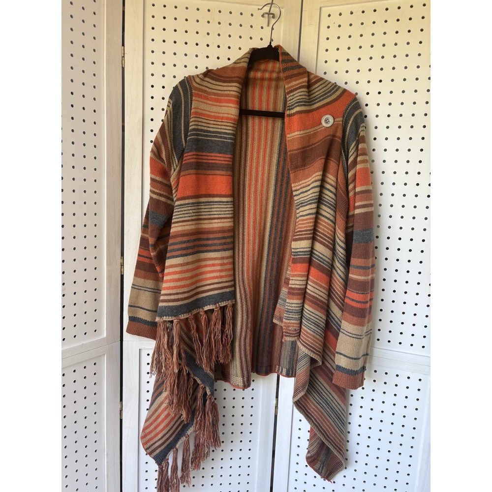 Style Dome M/L? Striped Shawl Sweater Fringe Tassels‎ Lagenlook Orange Cardigan - Picture 5 of 8